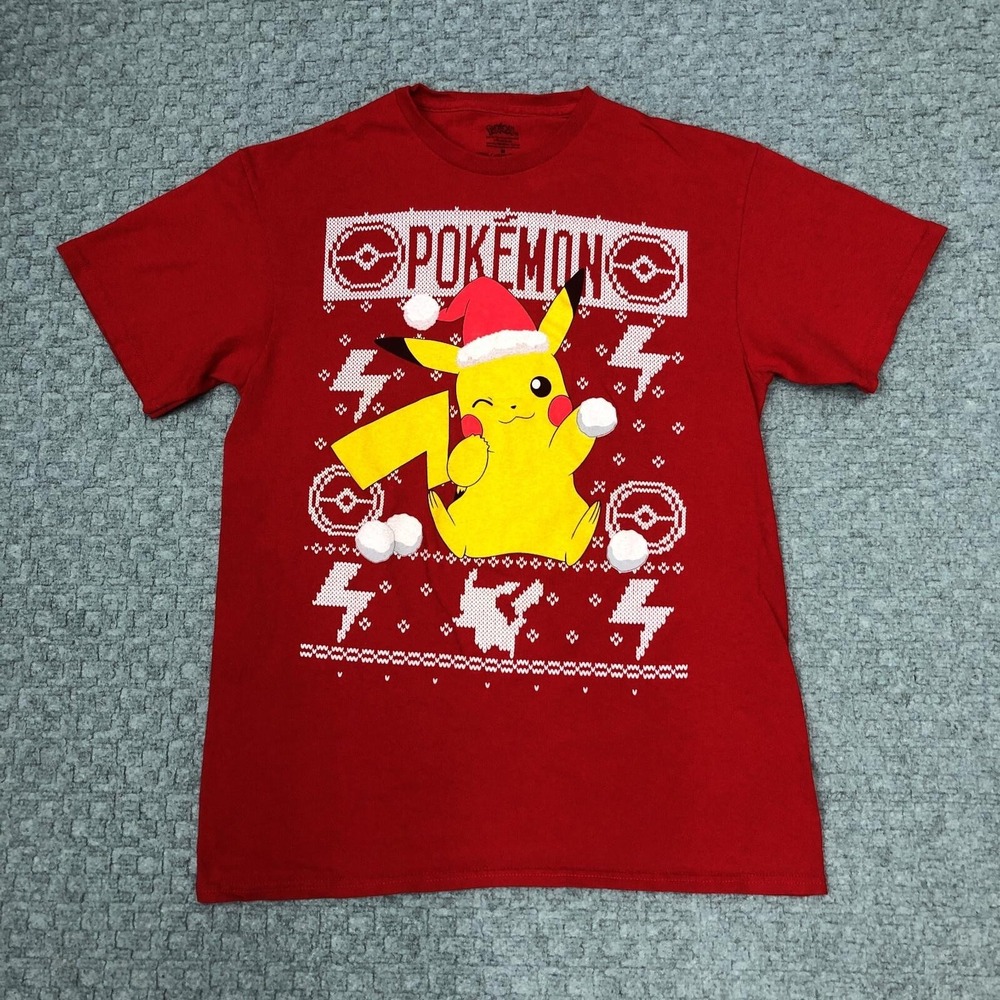 Pokemon Pikachu Shirt Mens Medium Red Christmas Santa Hat Ugly Sweater Tee Anime
